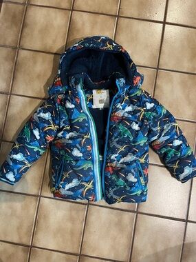Boden Navy Blue Dinosaur Print Puffer Jacket
